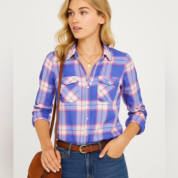 Express Blue Pink Plaid Button Down Shirt - Picture 1 of 6